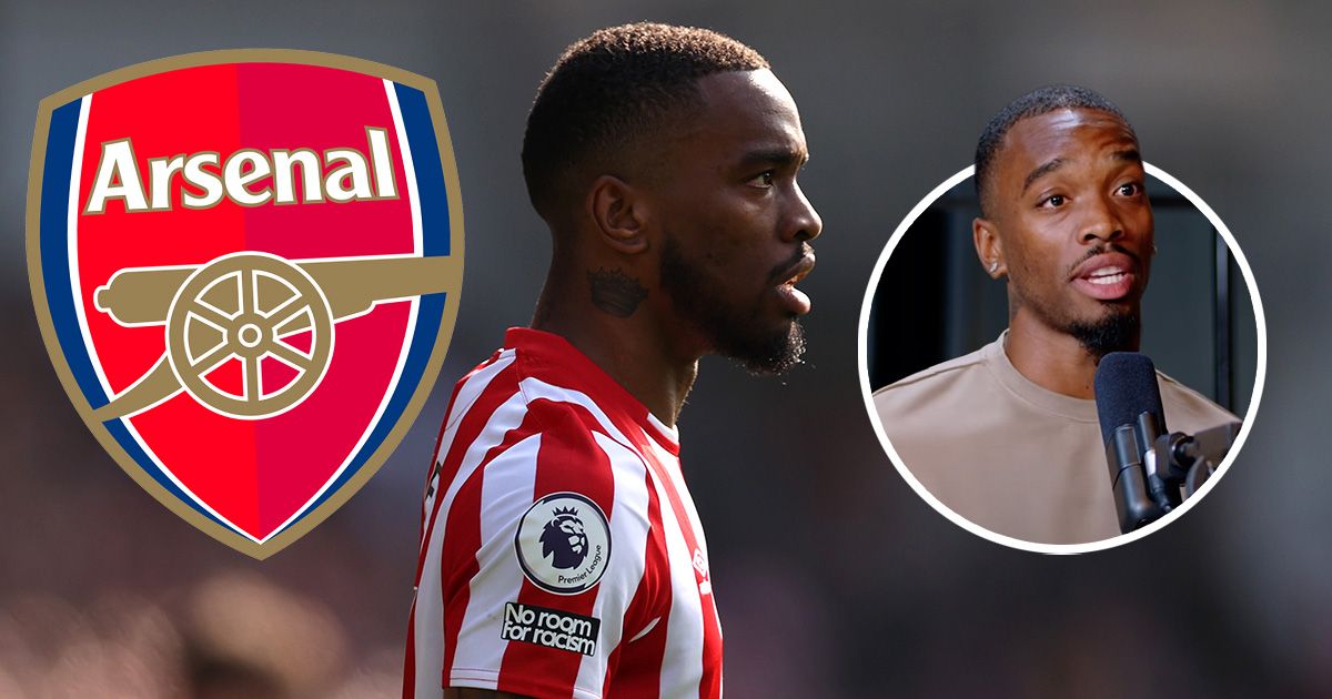 Arsenal badge and Ivan Toney of Brentford looks on during the Premier League match between Brentford FC and Nottingham Forest at Brentford Community Stadium on April 29, 2023 in Brentford, England.