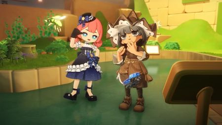 Two Petit Planet player characters posing for the screenshot. The left is doing the peace sign and smiling, the other on the right is blankly staring in the distance with her hand to her chin.