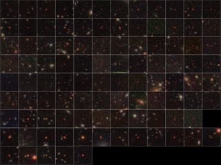 A hundred quasars found in a survey by the Subaru Telescope: The top seven rows are 83 newfound quasars; the bottom two are 17 quasars that were already discovered.