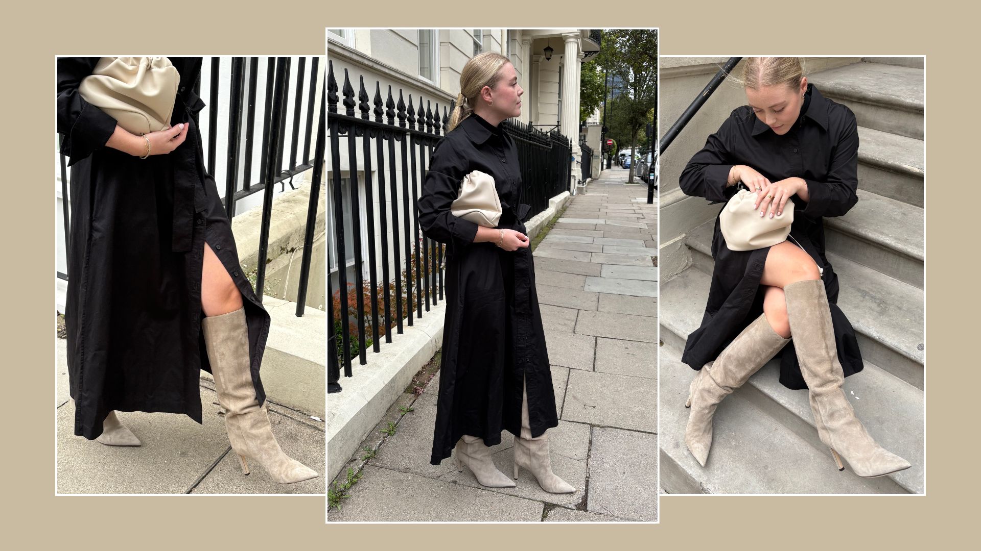 Woman wears black dress and grey suede boots