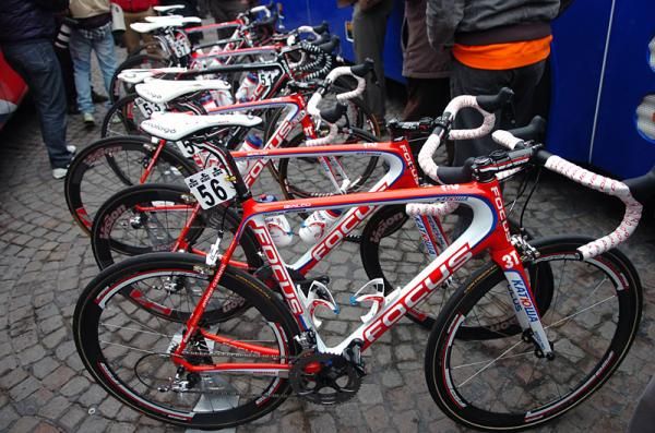 Katusha's team bikes lined up outside the bus.