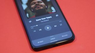 Pixel 4a 5G playing The Weeknd's Save Your Tears on YouTube Music