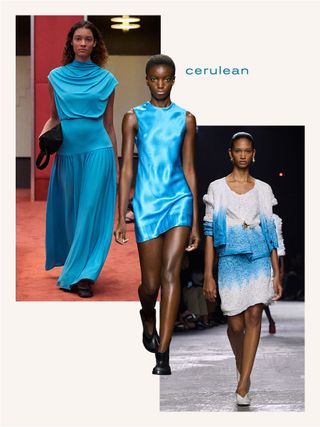 A collage with the words "cerulean" printed on it and three S/S 25 runway images from Kallmeyer, JW Anderson, and Bottega Veneta.