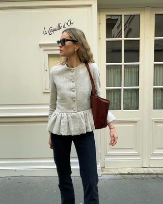 Anouk Yve wearing Liberowe peplum blazer.