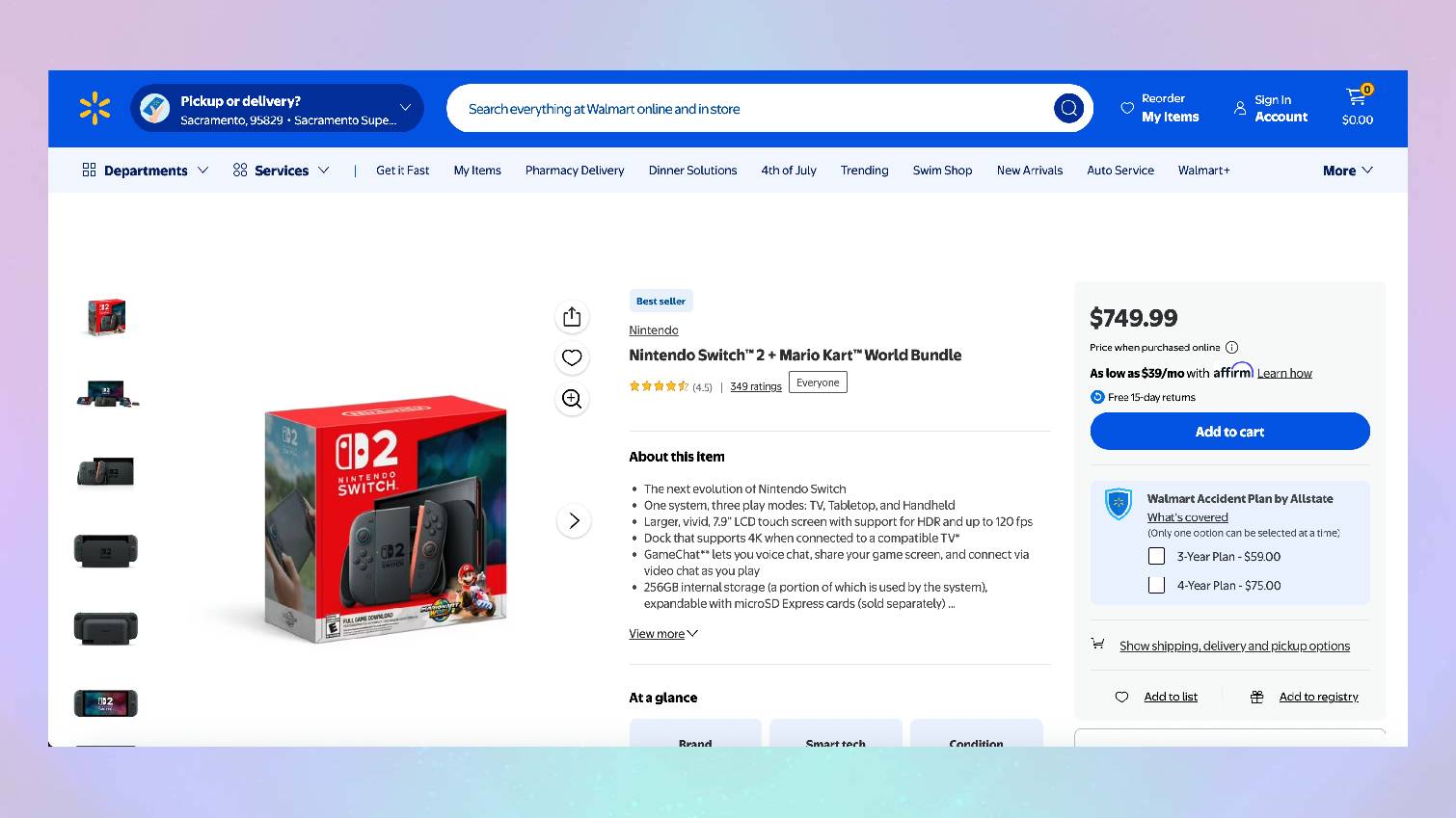 Screenshot of Nintendo Switch 2 Walmart listing on colored background