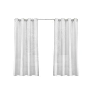 A set of two long white curtains on a white pole