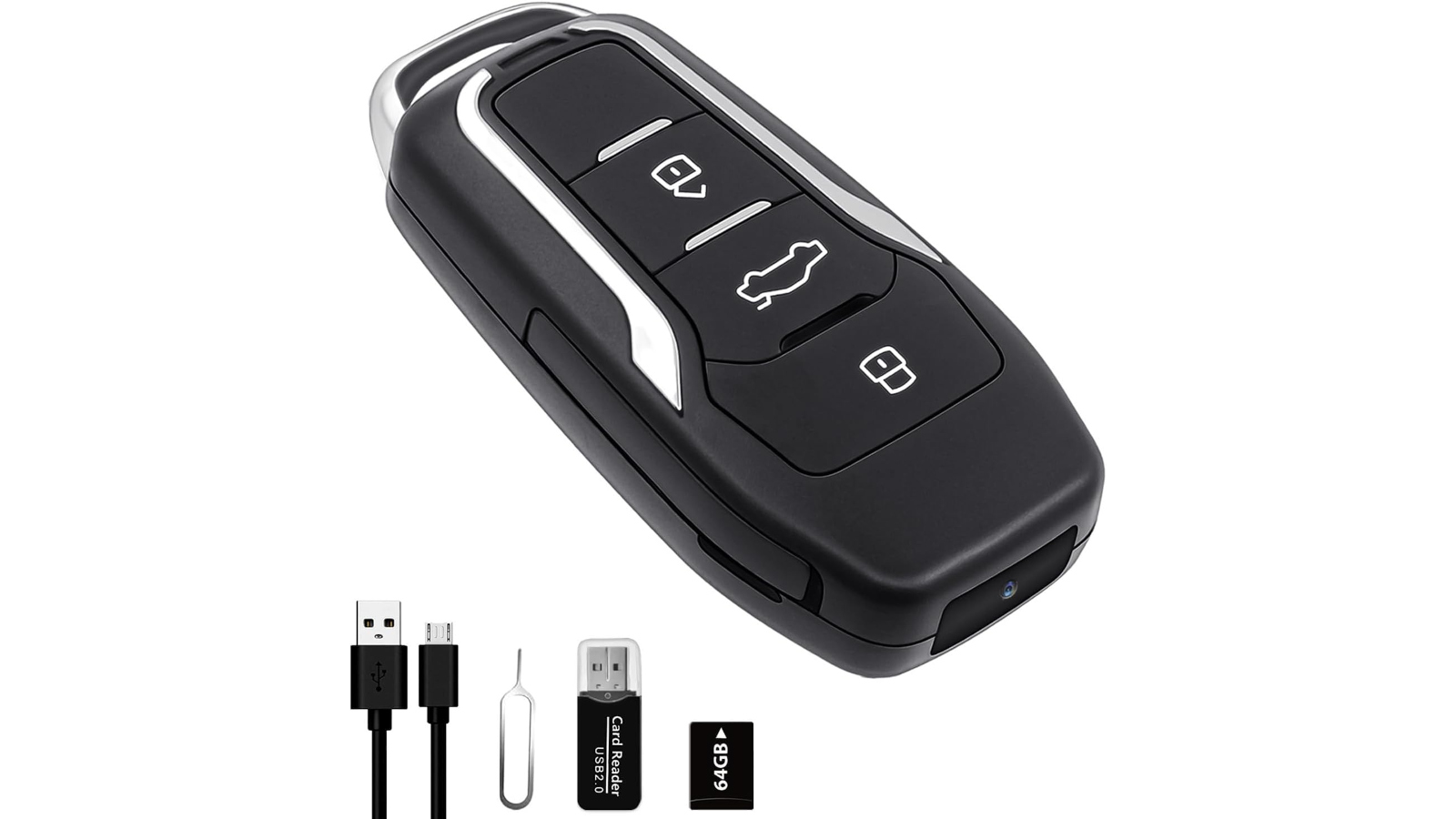 Car Key Camera shown with accessories including USB-C cable and micro SD card