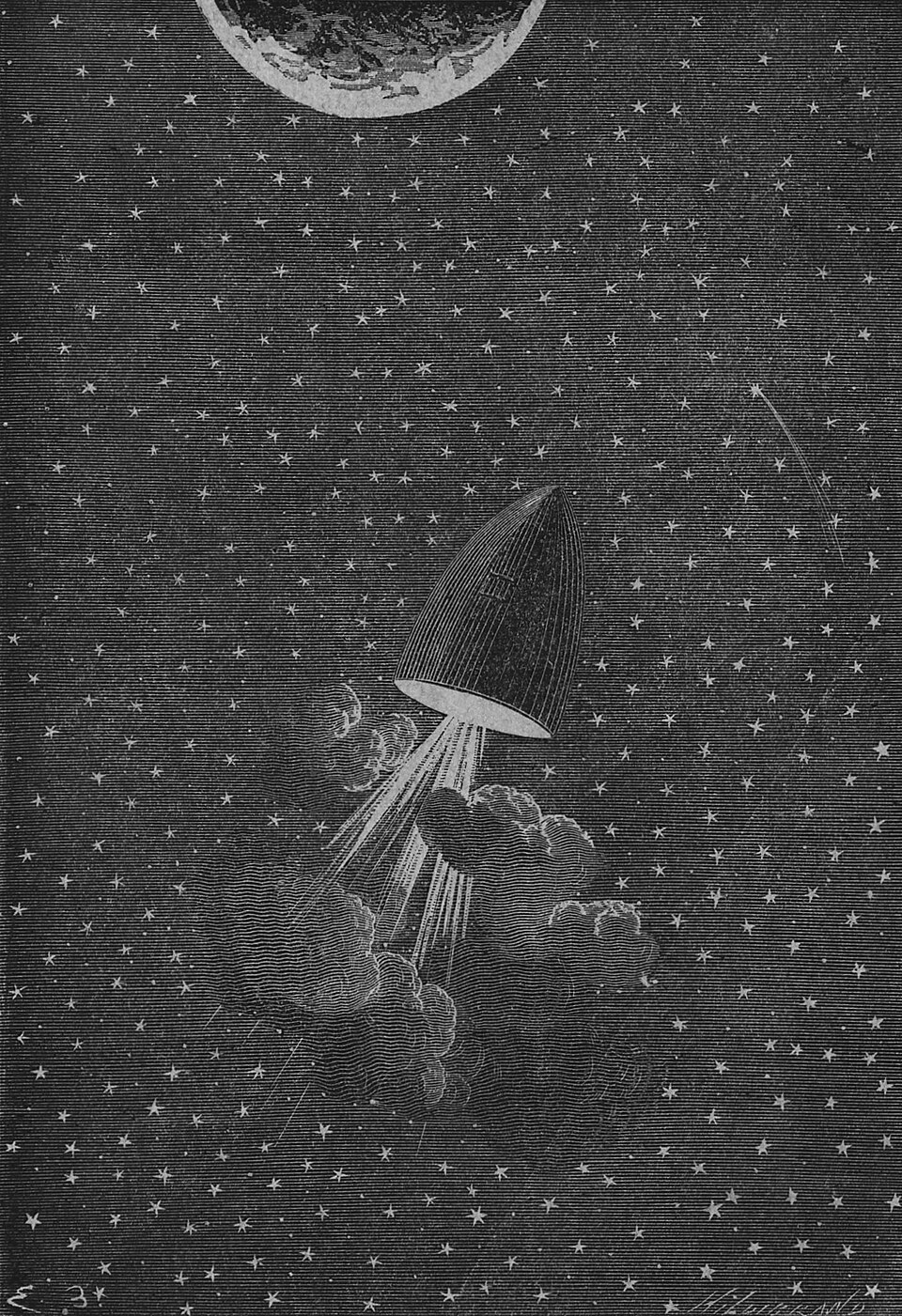 Ilustrações de 1869 "Ao redor da lua" de Júlio Verne, desenhado por Émile-Antoine Bayard e Alphonse de Neuville.