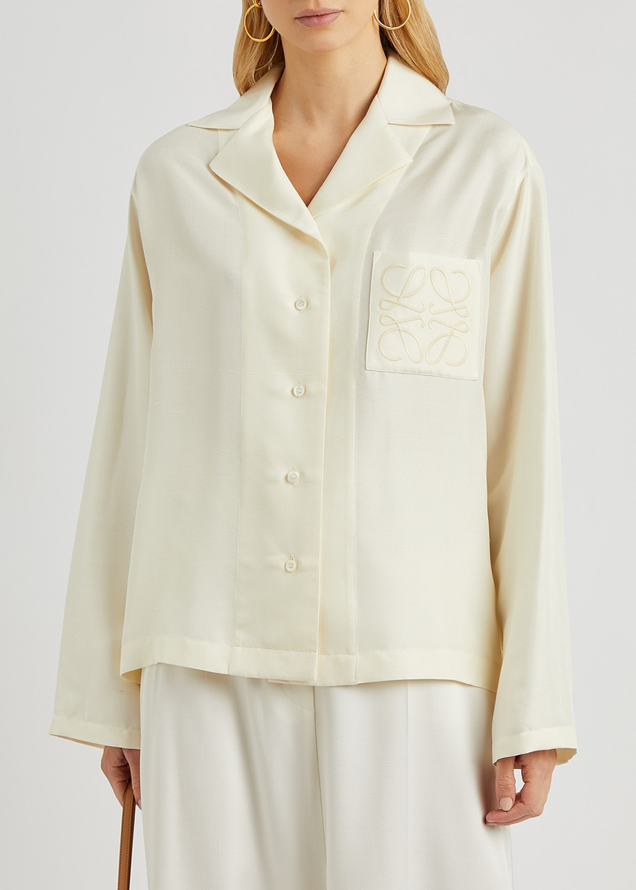 Cream Logo-Embroidered Silk Shirt