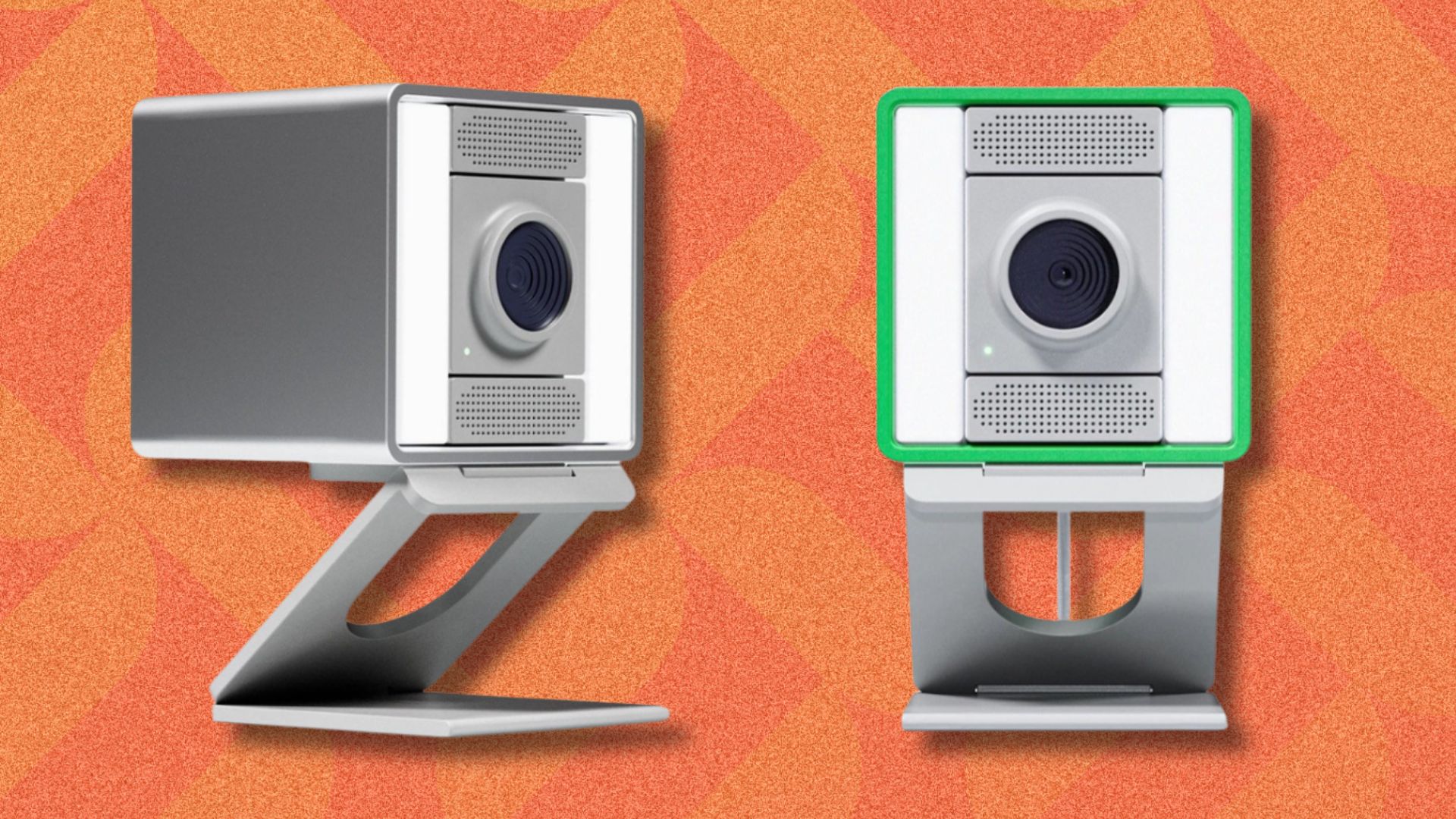an image of the silver and the green webcams against an orange patterned background