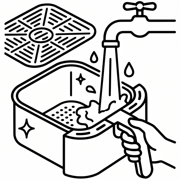 an outline of an air fryer basket washed in a sink