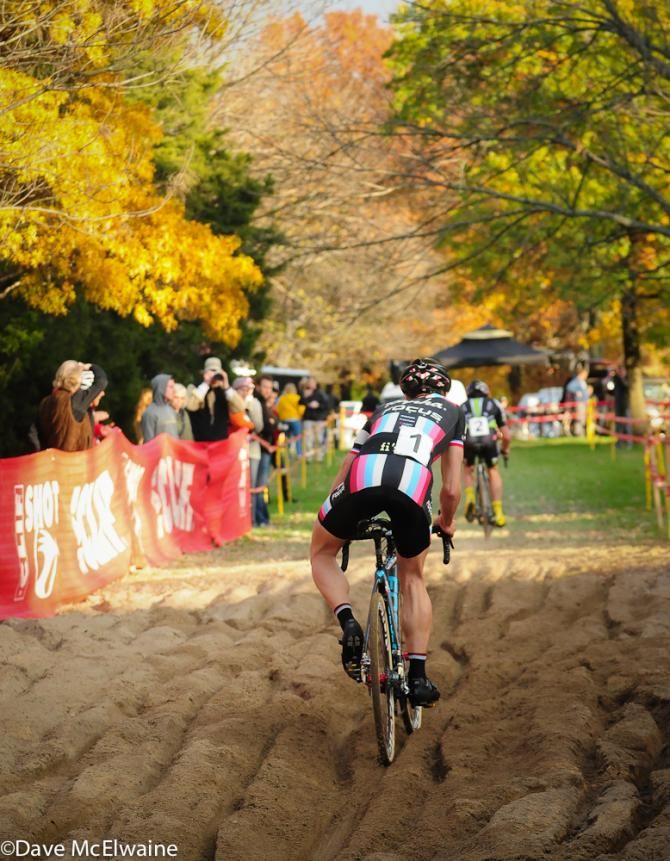 Jeremy Powers (Rapha Focus) watches his former teammate Johnson motor away