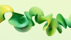 Sustainability concept image showing green and yellow colored ribbon weaving across a light green background.