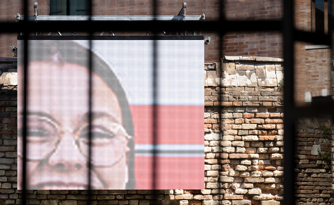 Hildigunnur Birgisdóttir artwork for Icelandic pavilion at Venice Biennale 2024, showing woman&#039;s face on billboard