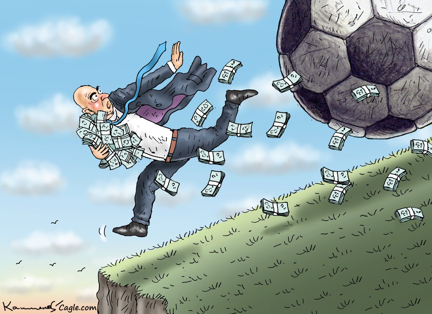 
                                This cartoon depicts FIFA President Gianni Infantino running off a cliff carrying wads of cash as he tries to get away from a rolling, giant football.
                            