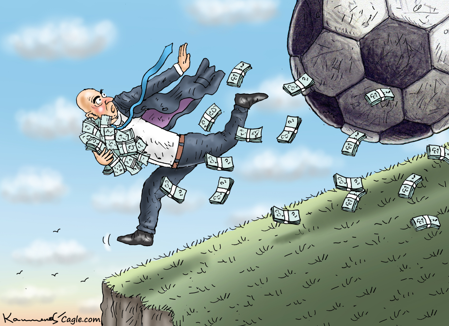This cartoon depicts FIFA President Gianni Infantino running off a cliff carrying wads of cash as he tries to get away from a rolling, giant football.