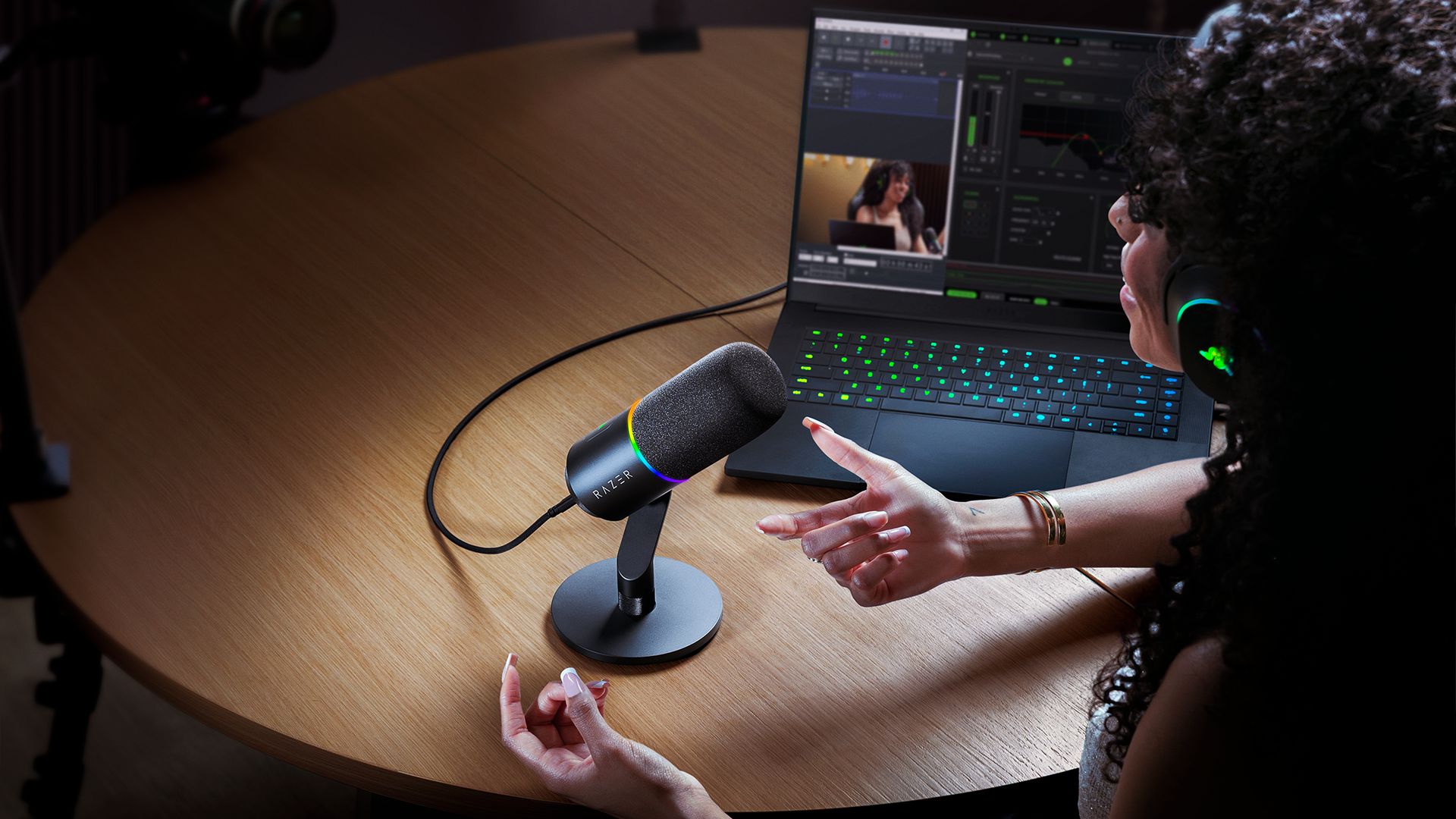 A Razer image showing a content creator speaking into a Seiren V3 Pro