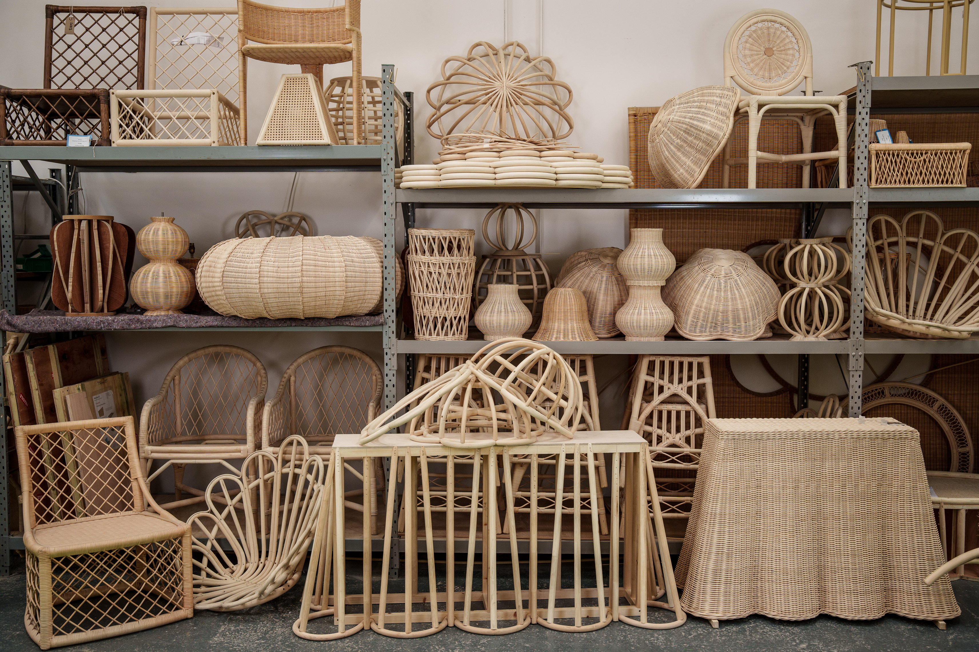 Rattan products arranged in wooden shelves