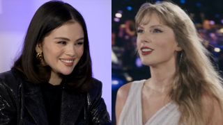 Selena Gomez laughs during an iHeartRadio interview, and Taylor Swift smiles on stage during the Eras Tour concert movie.
