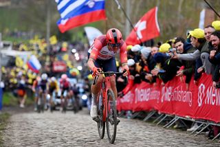 OUDENAARDE BELGIUM APRIL 02 Mads Pedersen of Denmark and Team TrekSegafredo competes at Paterberg cobblestones sector compete while fans cheers during the 107th Ronde van Vlaanderen Tour des Flandres 2023 Mens Elite a 2734km one day race from Brugge to Oudenaarde UCIWT on April 02 2023 in Brugge Belgium Photo by Tim de WaeleGetty Images