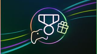 A neon-style icon featuring a medal, a game controller, and a gift box against a dark background with multicolored curved lines