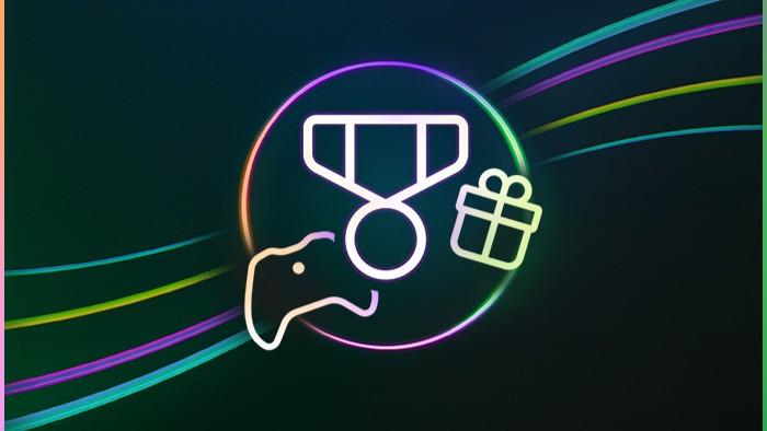 A neon-style icon featuring a medal, a game controller, and a gift box against a dark background with multicolored curved lines