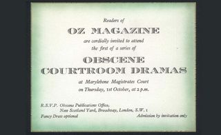 A mock invitation card to the 1970 Oz obscenity trial over the ’Schoolkids Issue’ with a note on the back from Richard Neville