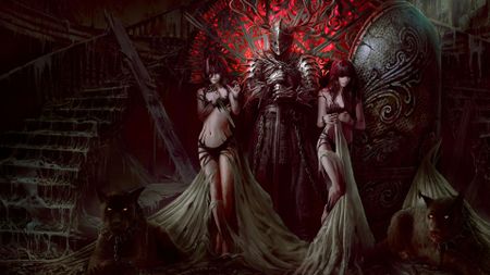 A knight poses with two scantily clad women and panthers