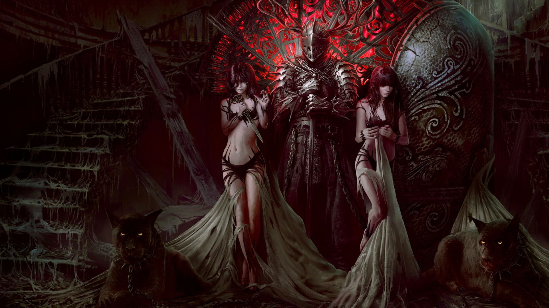 A knight poses with two scantily clad women and panthers