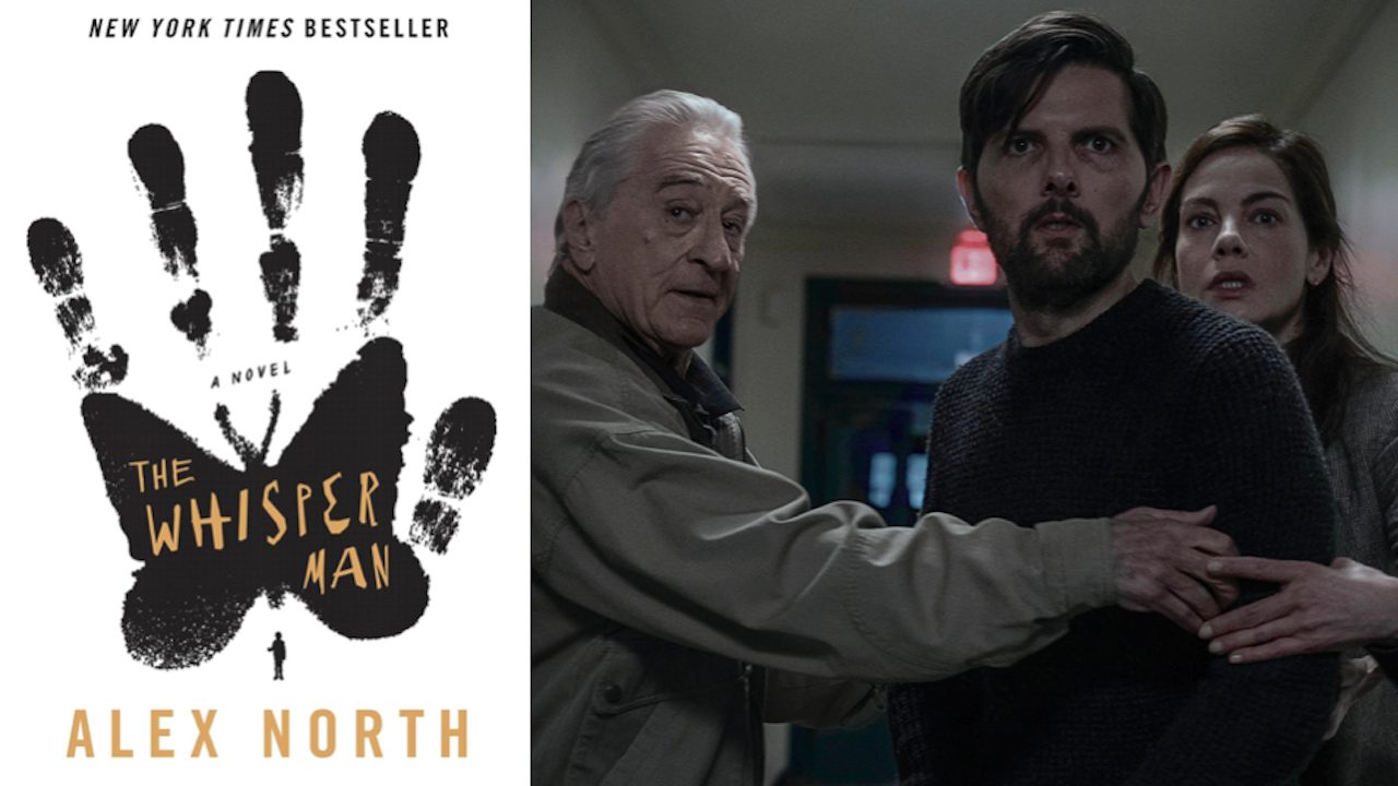 The Whisper Man book cover and movie with Robert De Niro, Adam Scott and Michelle Monaghan