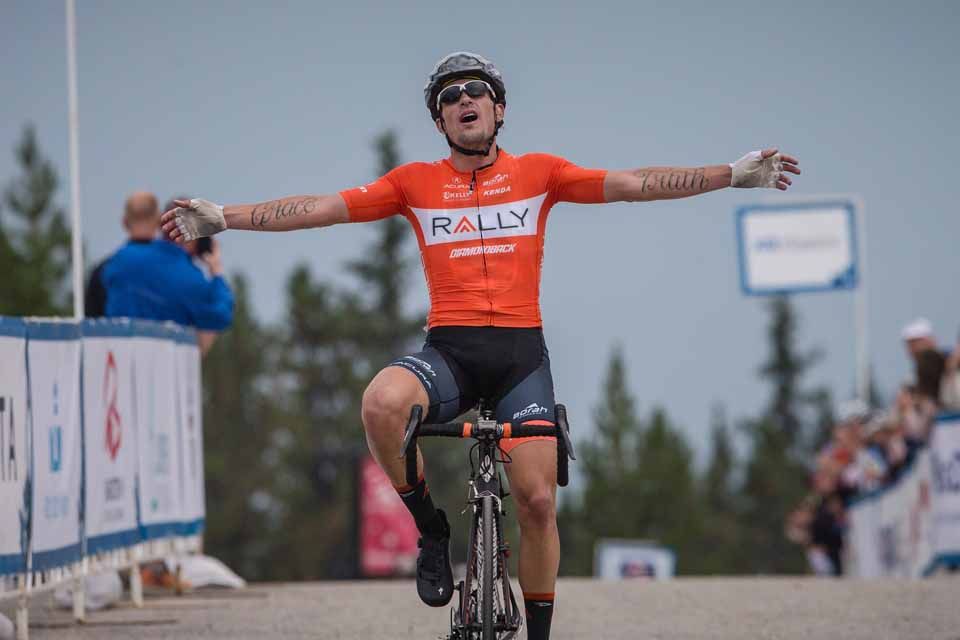 Evan Huffman (Rally Cycling) celebrates victory on stage 1 of the Tour of Alberta.