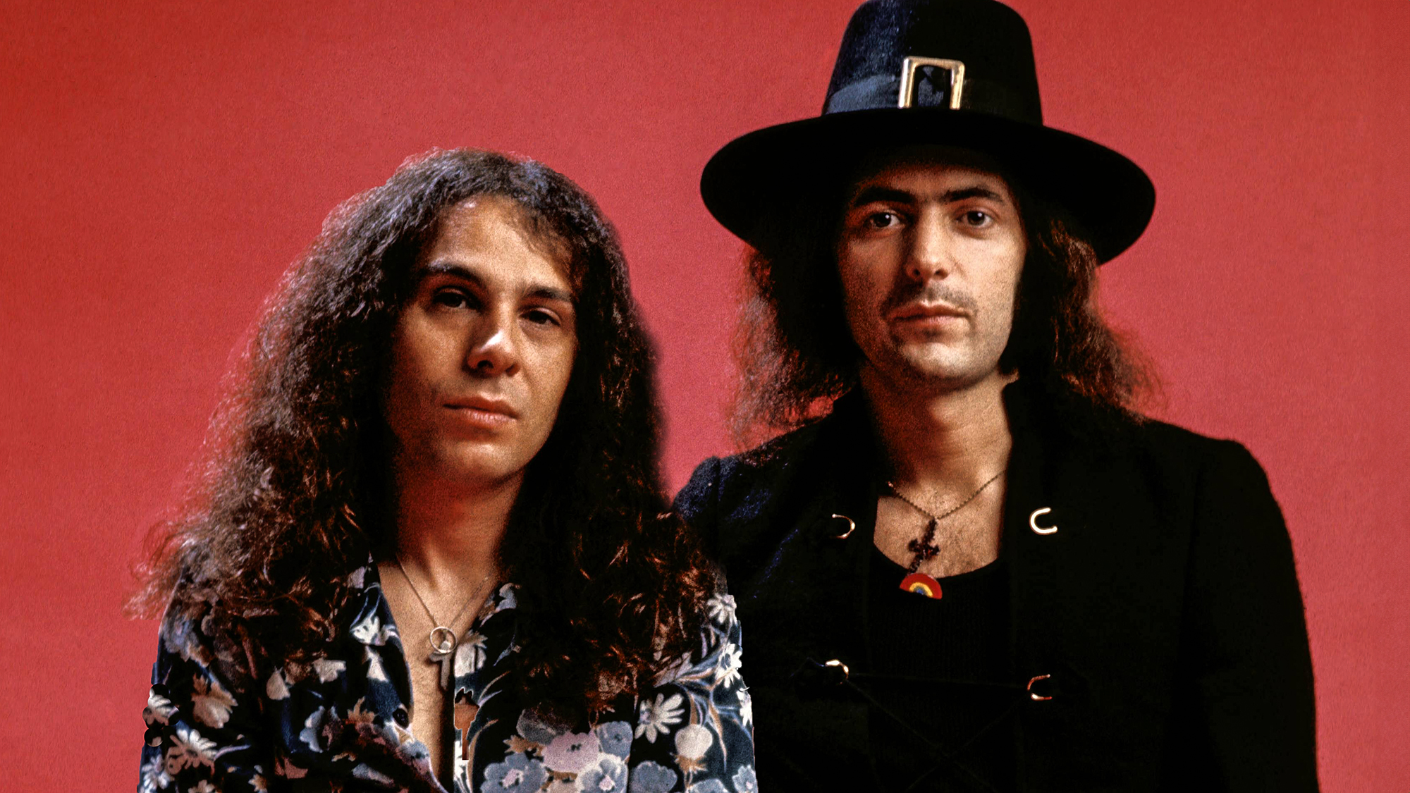Ronnie James Dio (left) and Ritchie Blackmore of Ritchie Blackmore's Rainbow pose for a photo, 1977