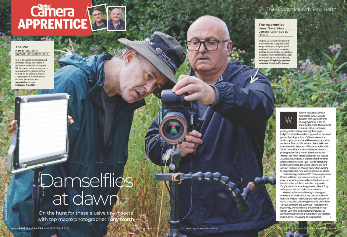 Image showing the first two pages of the Apprentice article in issue 311 (September 2026) of Digital Camera magazine, shooting damselflies with top macro photographer Tony North