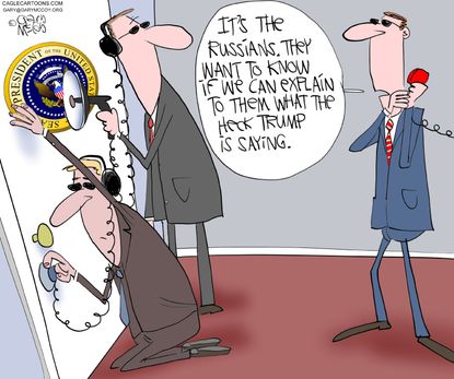 Political Cartoon U.S. White House leaks wiretap spying Russia Trump no sense
