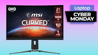 MSI MPG Artymis 27-inch curved gaming monitor on a gradient background with a Cyber Monday banner in the upper-right corner