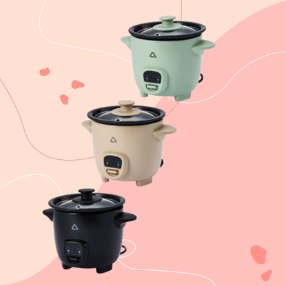 Three Aldi rice cookers on pink background