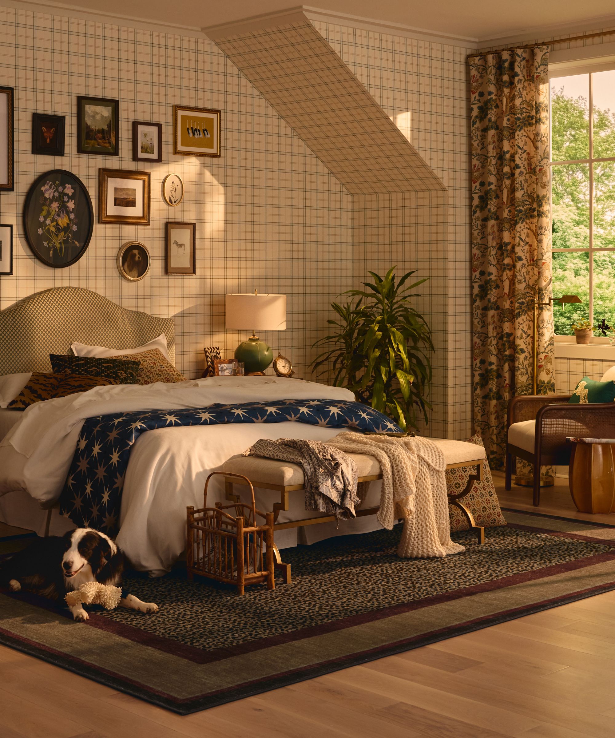 a bedroom with plaid wallpaper walls, a gallery wall above the bed, a cozy bed, and a rug with cheetah print and a solid border