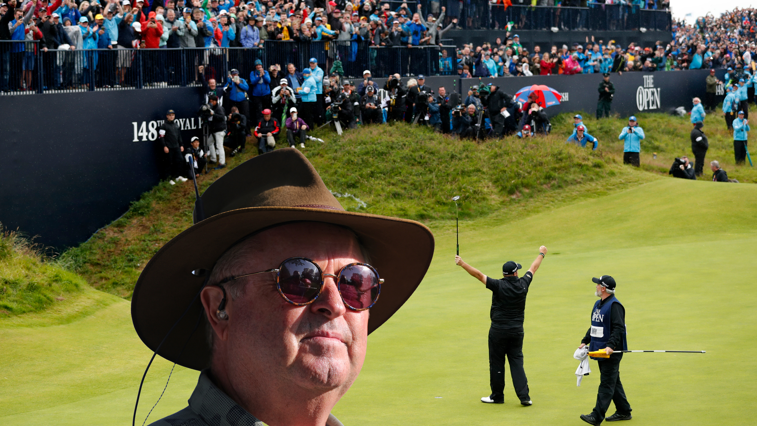 Shane Lowry celebrating in front of the fans at the 2019 Open Championship at Royal Portrush, with his arms raised on the 18th green, next to an inset image of Wayne Riley