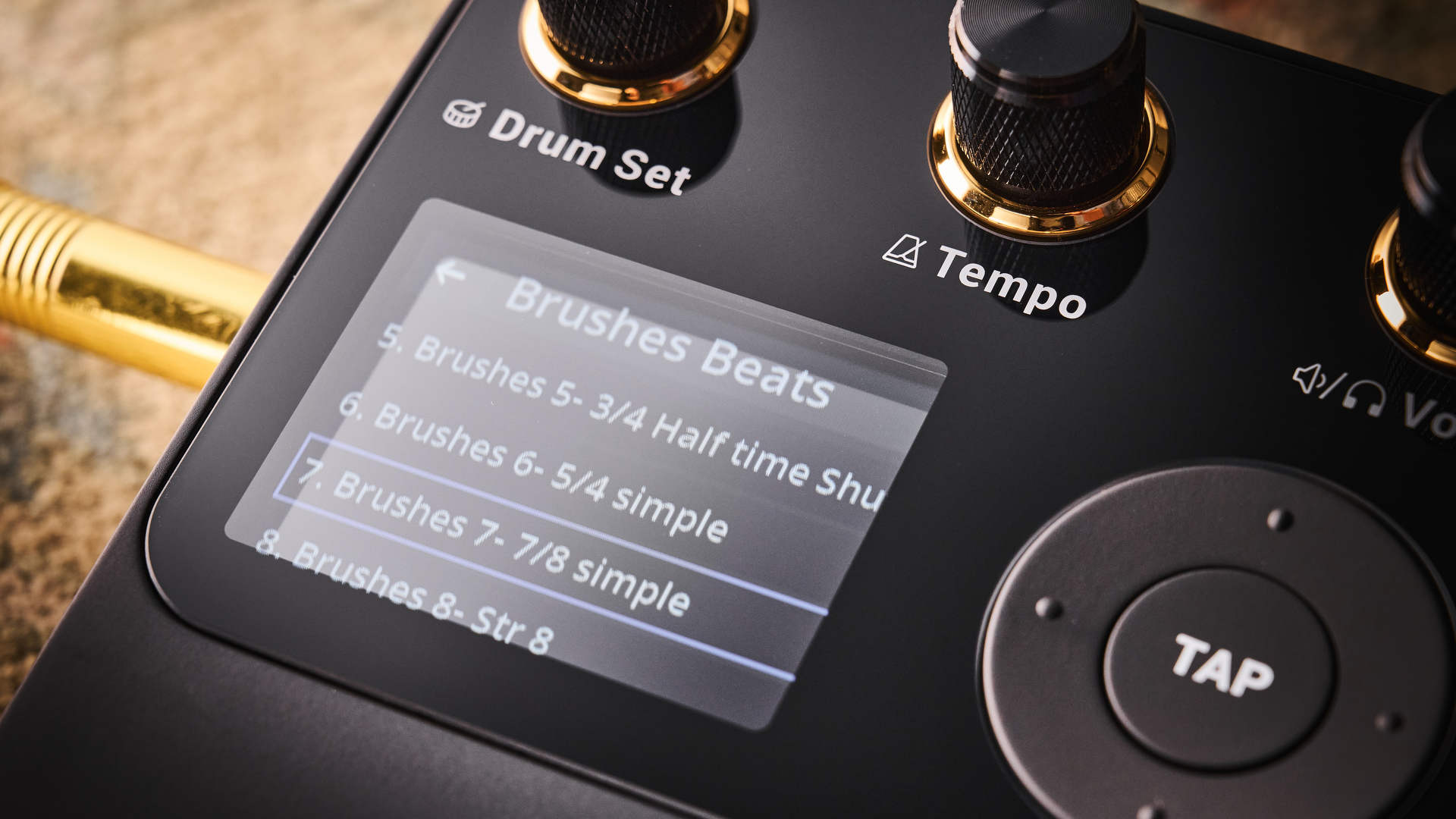 The screen on he Singular Sound BeatBuddy 2 guitar pedal