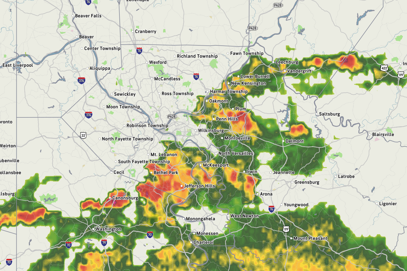 A weather map screengrab of the Pittsburgh area