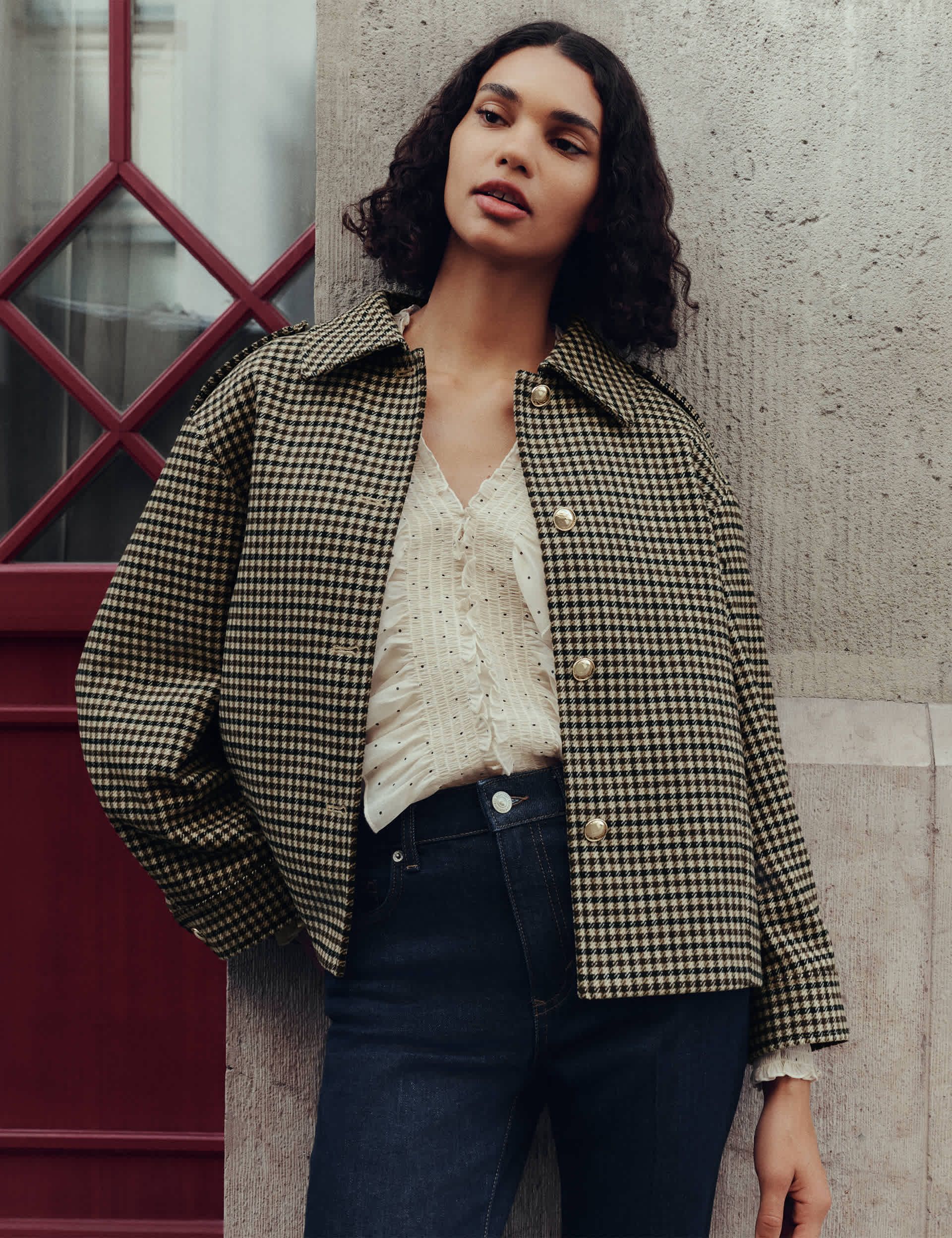 Checked Collared Short Jacket