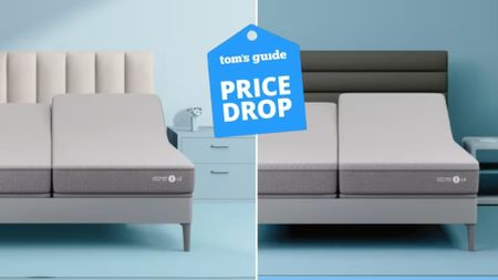 Two Sleep Number mattresses on grey bedframes in blue bedroom studio with Tom's Guide price drop logo