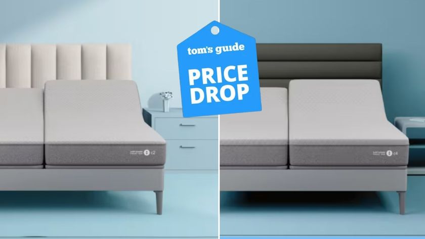 Two Sleep Number mattresses on grey bedframes in blue bedroom studio with Tom&#039;s Guide price drop logo