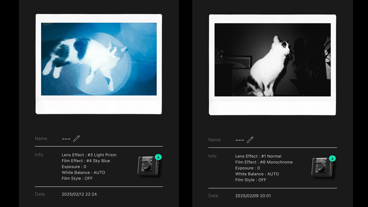 Two screenshots of the Instax Wide Evo app
