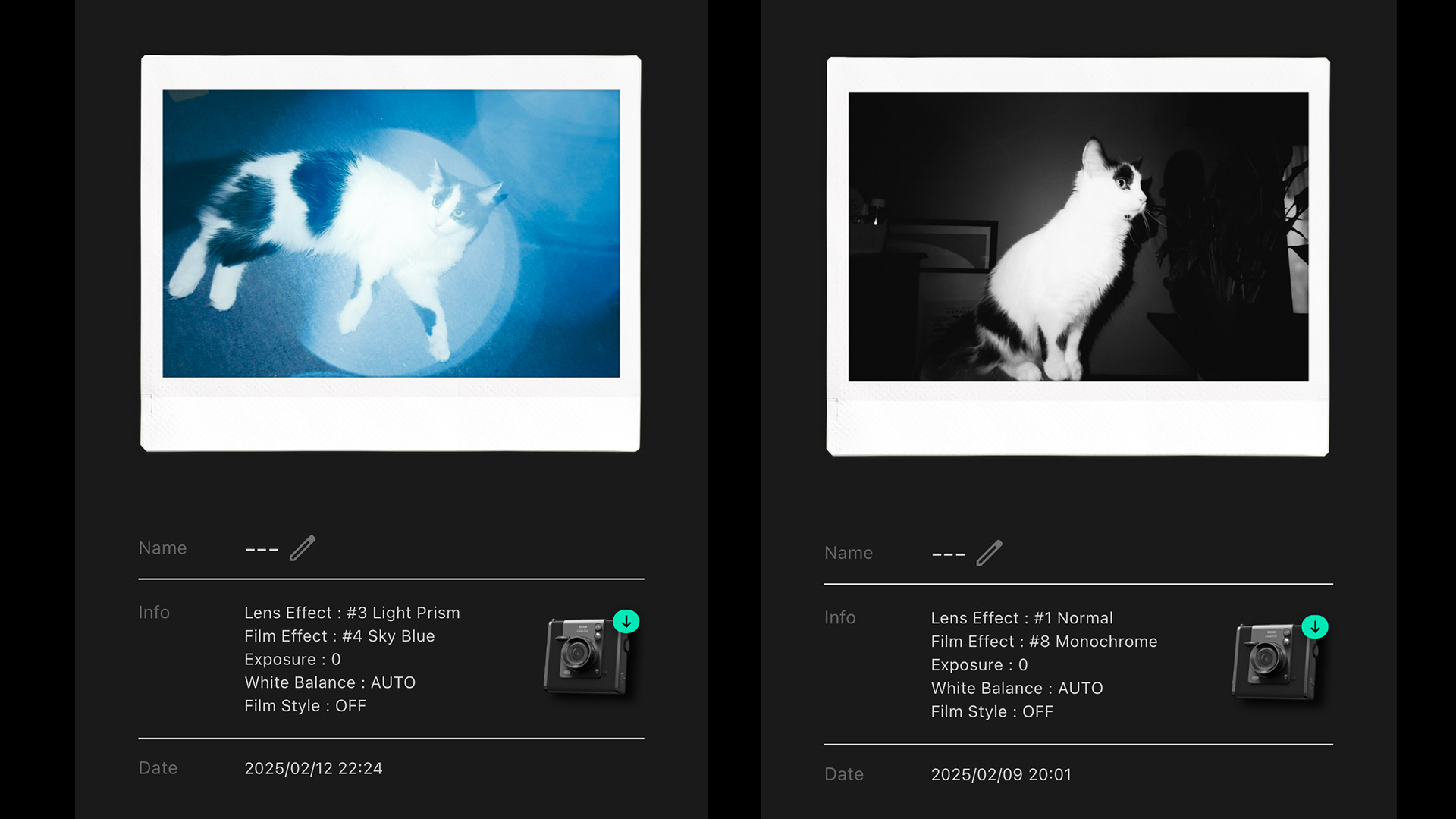 Two screenshots of the Instax Wide Evo app 