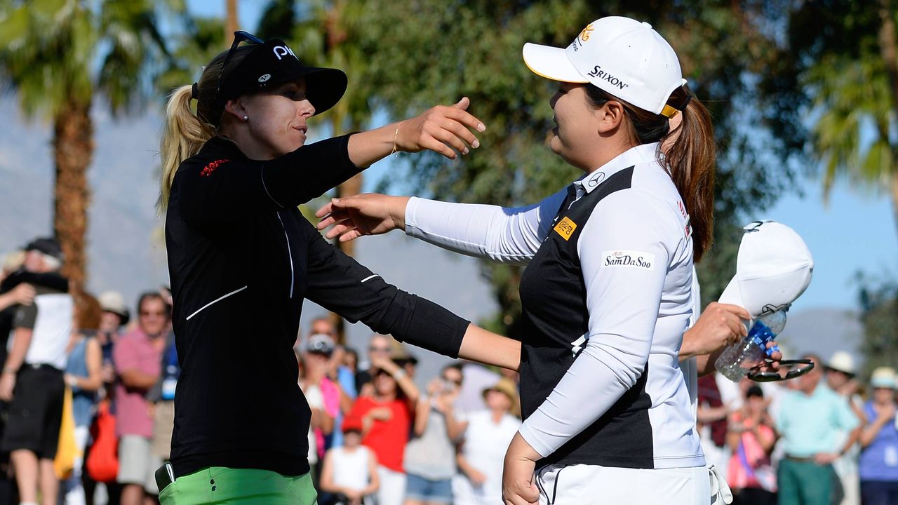 Pernilla Lindberg and Inbee Park hug after playoff