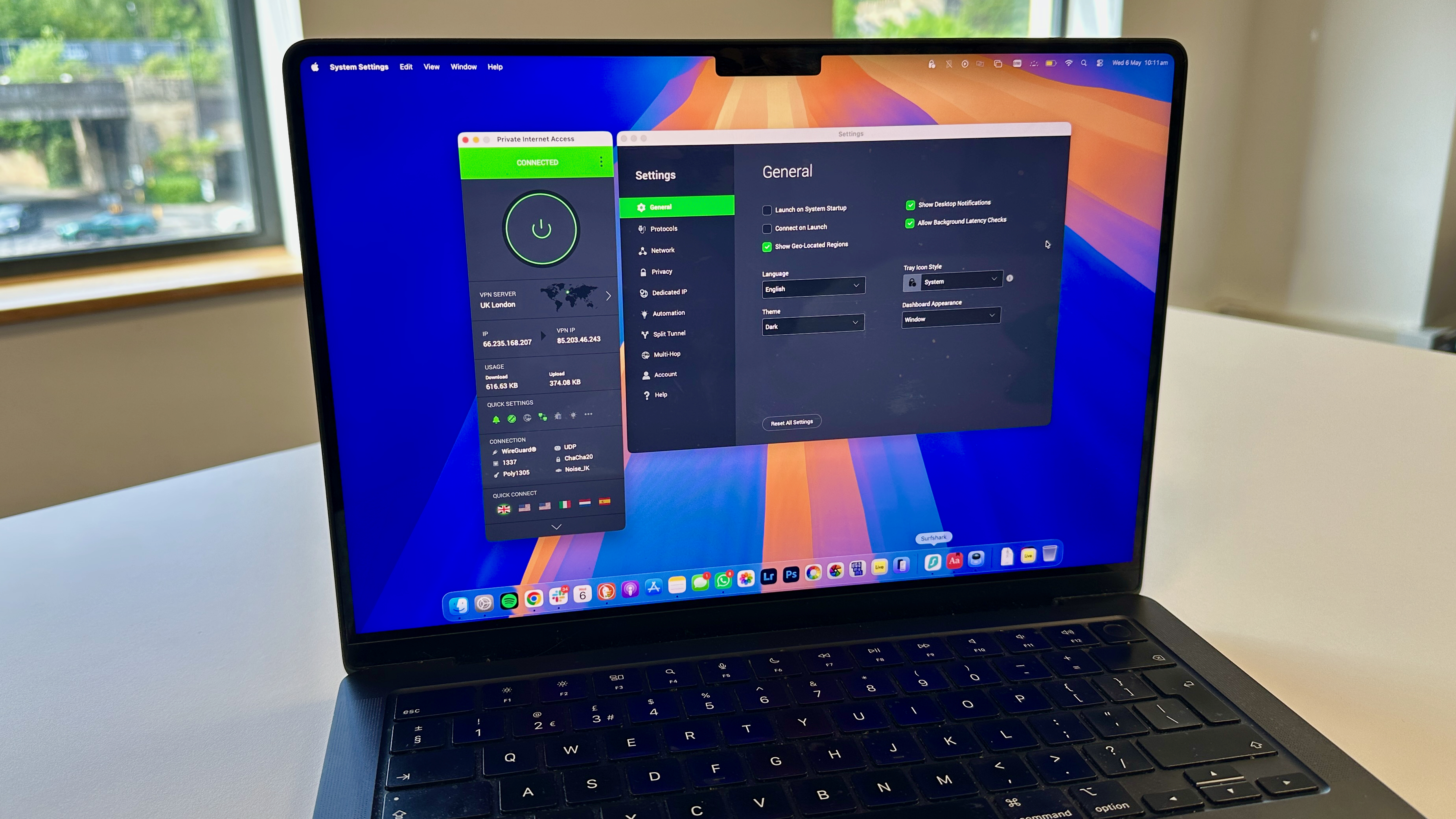 Private Internet Access running on a Macbook Pro, with both the main window and settings window visible.