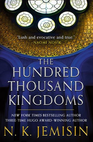 the hundred thousand kingdoms by n.k. jemisin book cover with the interior of a castle and a ceiling of windows 