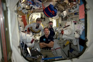 European Space Agency astronaut Thomas Pesquet poses for a photo with NASA astronauts Peggy Whitson and Shane Kimbrough as they prebreathe for a Jan. 6, 2017 spacewalk outside the International Space Station.