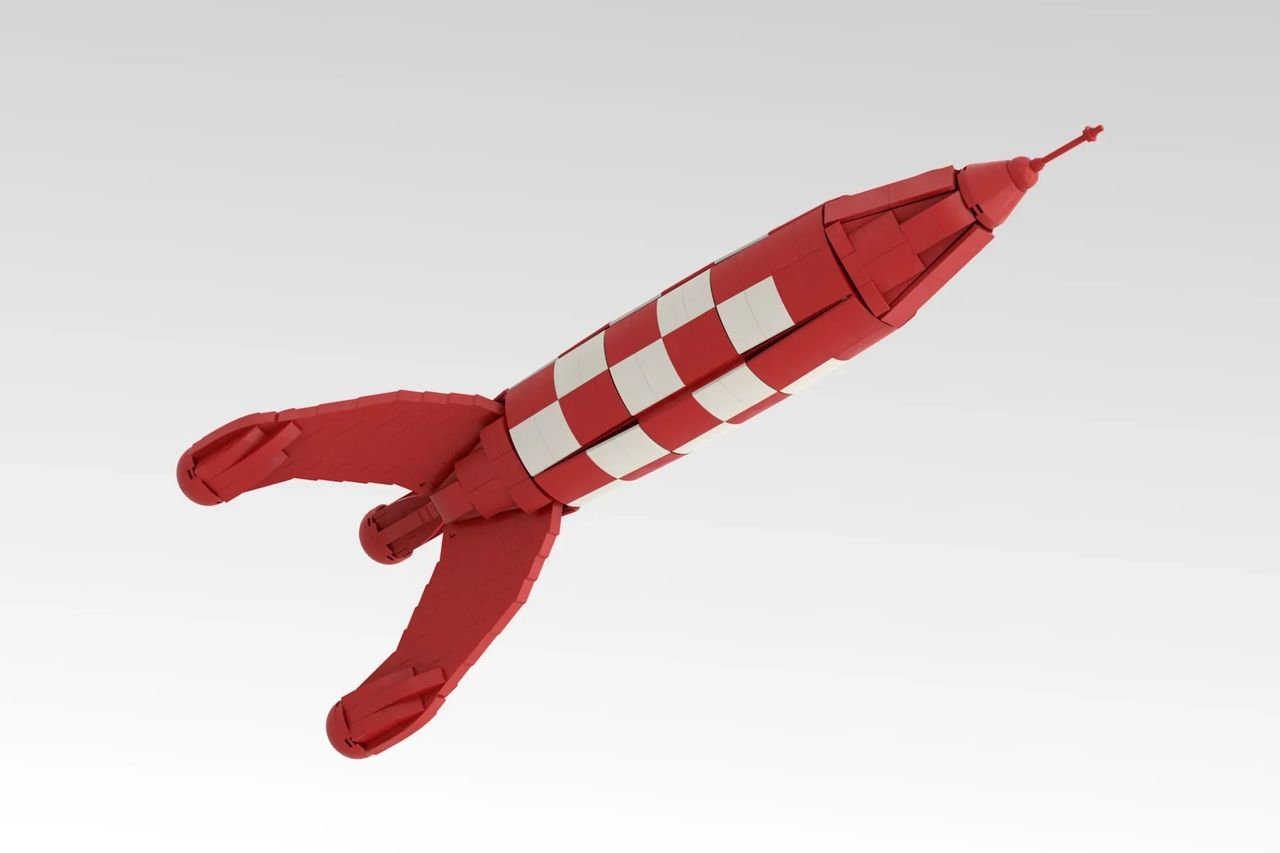 The Tintin LEGO rocket set from multiple angles with the tower